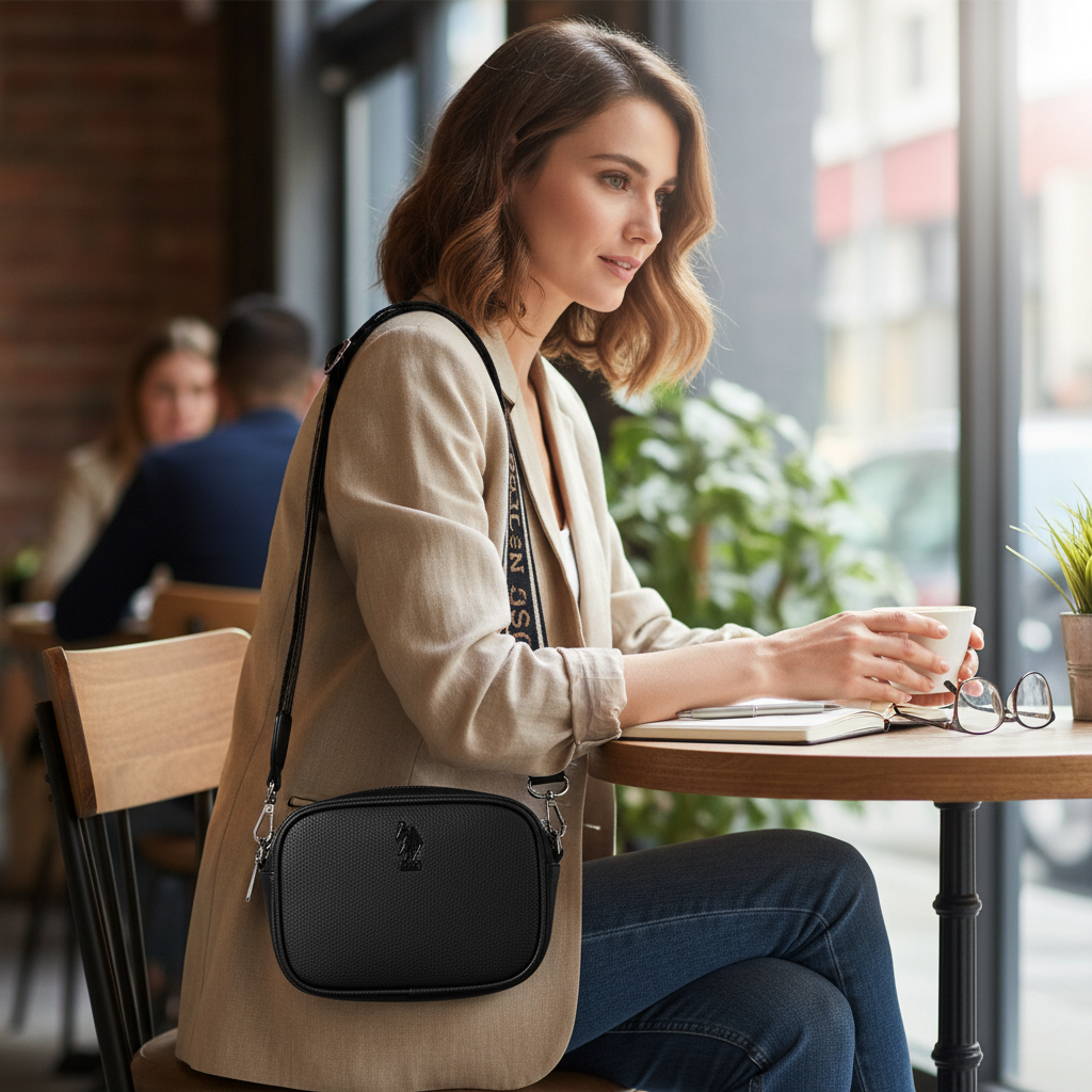 Mujer con bolso bandolera negro U.S. Polo Assn. de www.treshop.com.co con correa tejida y logo en cafetería