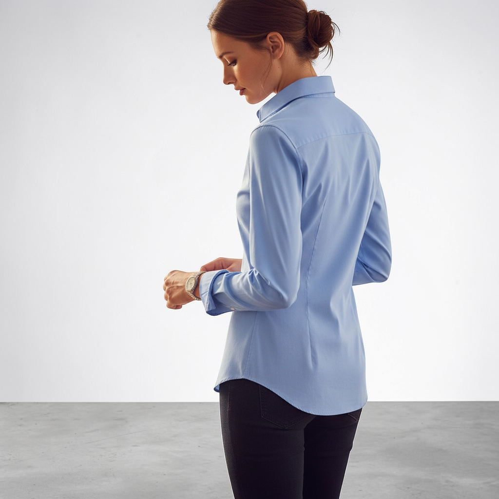 Mujer vistiendo camisa formal azul claro de manga larga www.treshop.com.co con corte entallado y estilo elegante