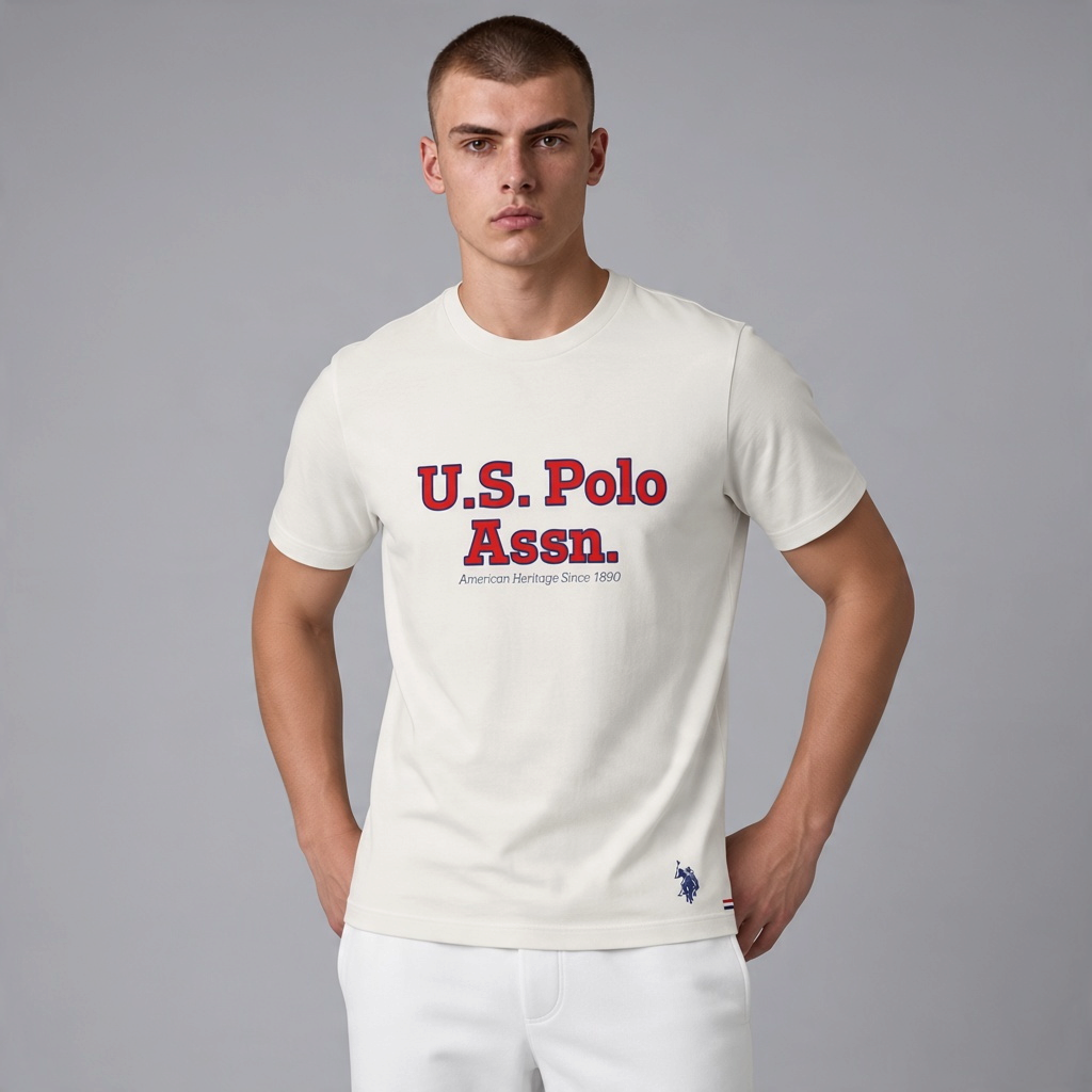 Camiseta de algodón color crema de www.treshop.com.co con logo U.S. Polo Assn. y estampado frontal para hombre