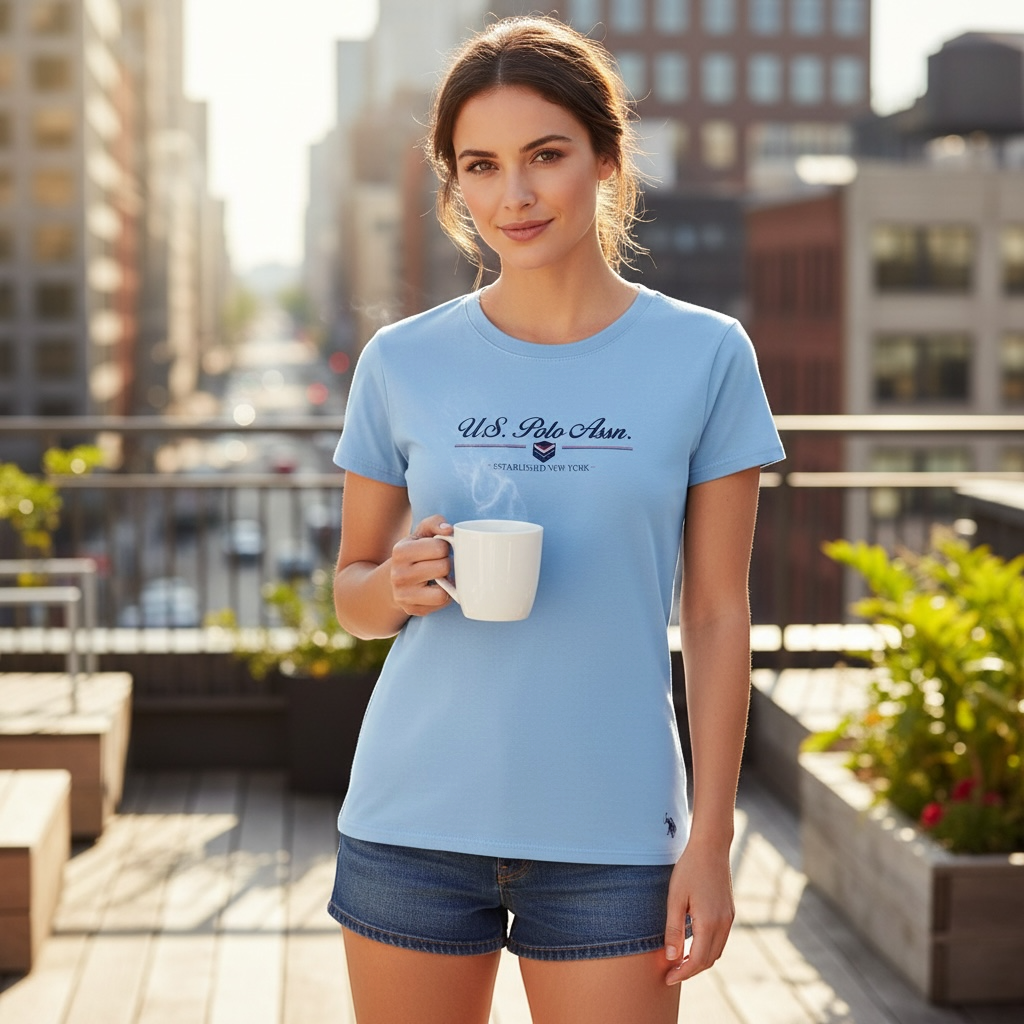 Mujer vistiendo camiseta azul claro de algodón U.S. Polo Assn. con estampado gráfico en una terraza urbana