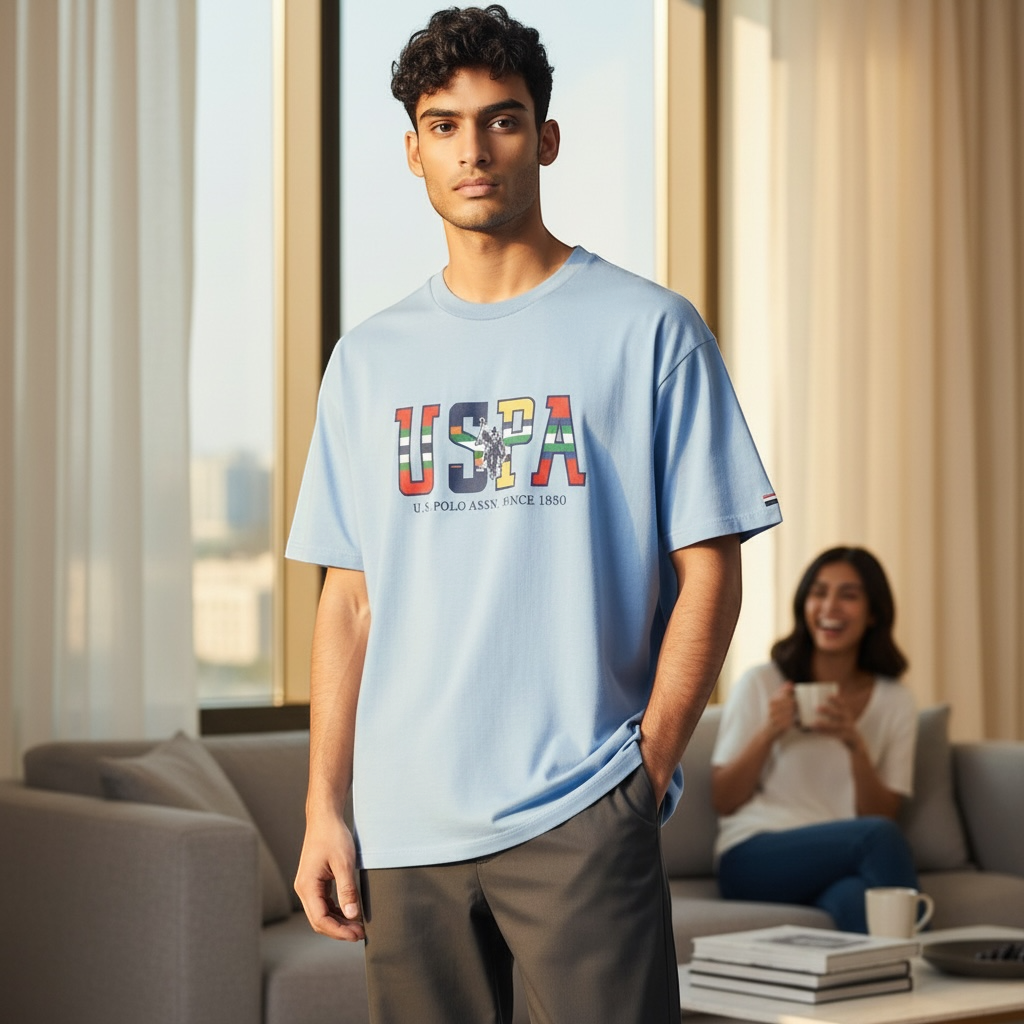Hombre vistiendo camiseta azul claro de algodón U.S. Polo Assn. con estampado gráfico frontal en un salón moderno.