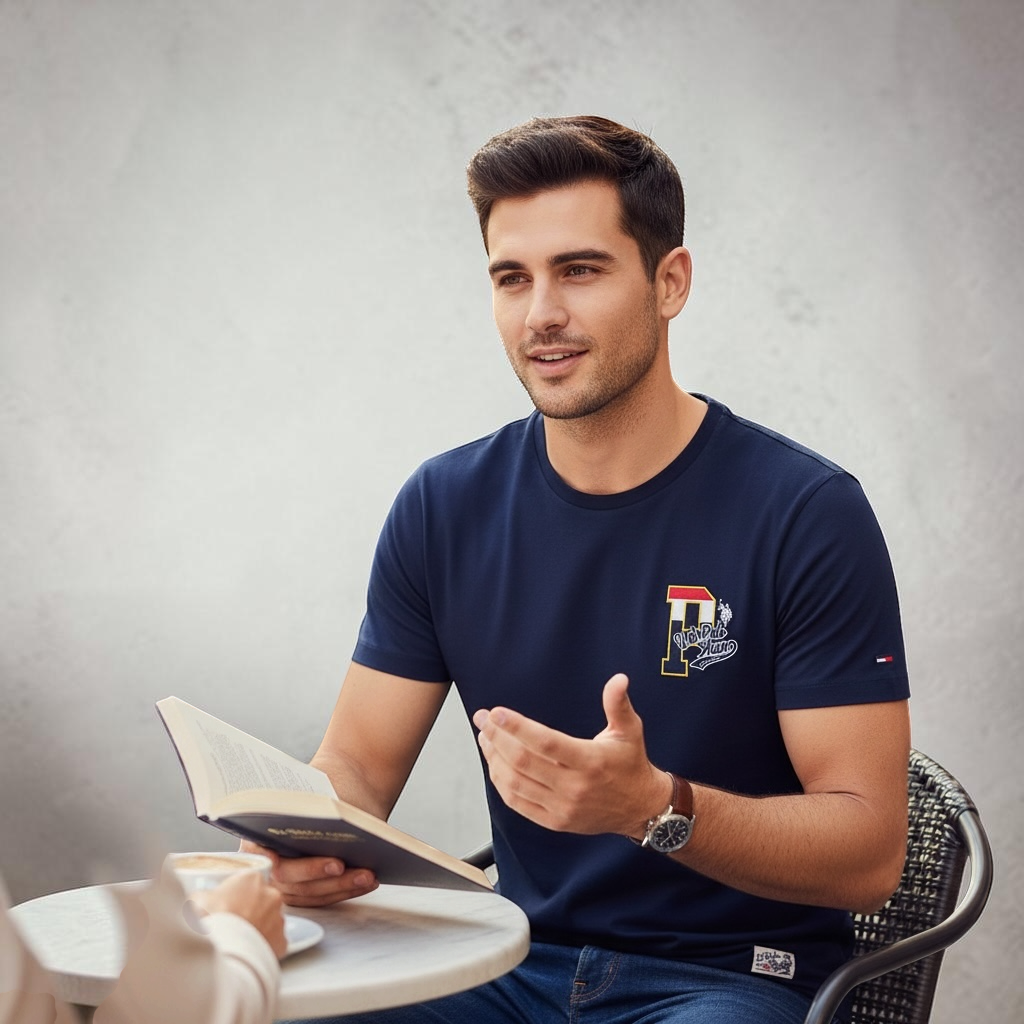 Hombre con camiseta azul marino de algodón U.S. Polo Assn. con estampado frontal, sentado en una mesa de café.