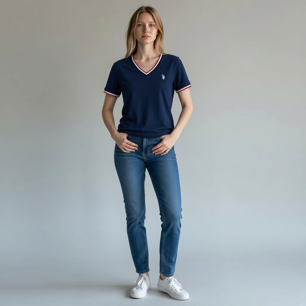 Modelo vistiendo camiseta azul marino www.treshop.com.co con cuello en V y detalles tricolor en mangas y escote