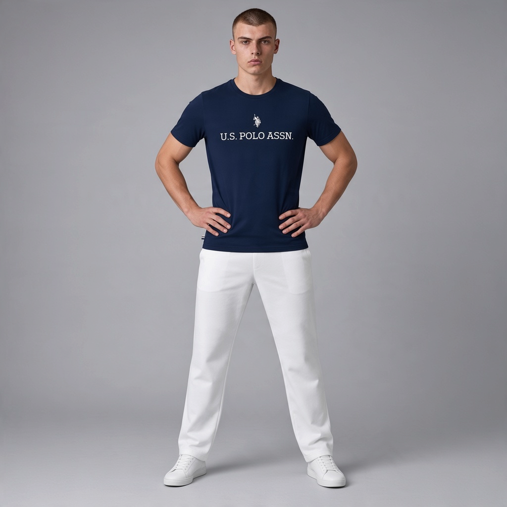 Hombre vistiendo camiseta azul marino de algodón U.S. POLO ASSN. con logo frontal y pantalones blancos en www.treshop.com.co
