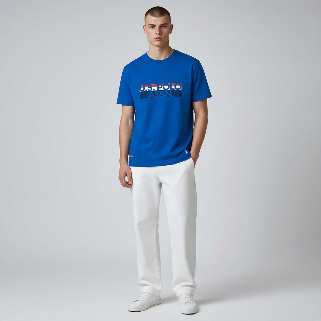 Hombre vistiendo camiseta azul de algodón U.S. POLO ASSN. con logo gráfico frontal y cuello redondo