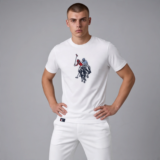 Camiseta blanca de algodón www.treshop.com.co con logo de jugador de polo estampado en el pecho para hombre