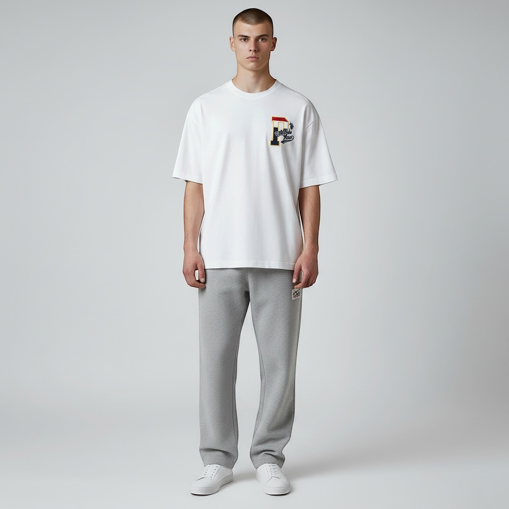 Hombre vistiendo camiseta blanca de algodón www.treshop.com.co con estampado gráfico en el pecho y pantalón gris