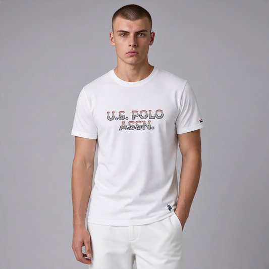 Camiseta blanca de algodón para hombre www.treshop.com.co con logo U.S. POLO ASSN. estampado en el pecho