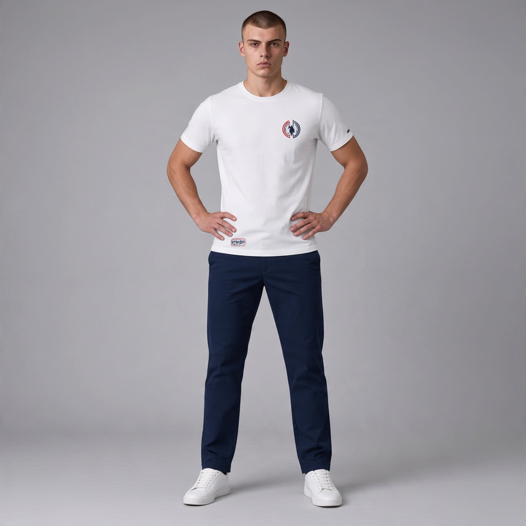Hombre vistiendo camiseta blanca de algodón U.S. Polo Assn. de www.treshop.com.co con logo en el pecho y cuello redondo