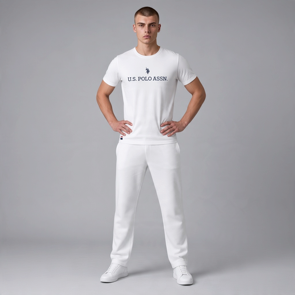Hombre vistiendo camiseta blanca de manga corta U.S. POLO ASSN. con logo azul marino en www.treshop.com.co