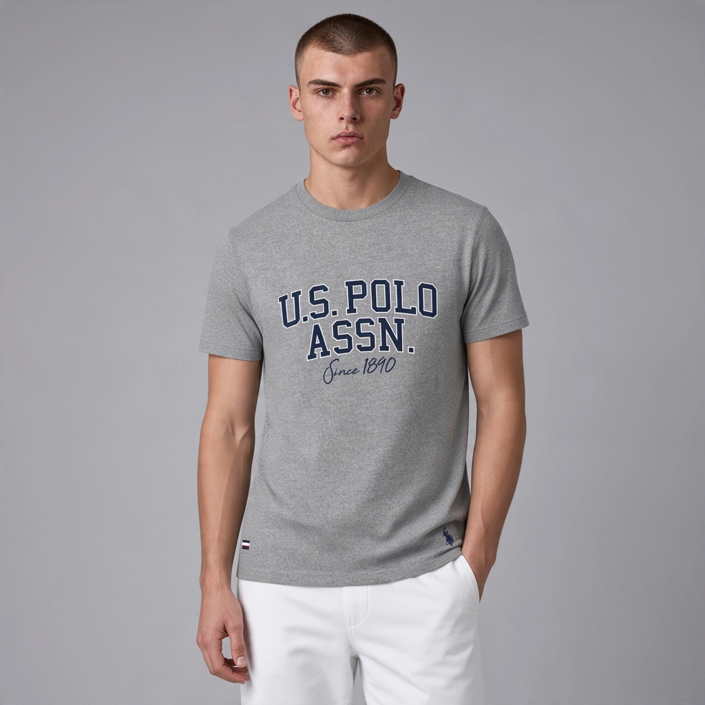 Camiseta gris jaspeado de algodón U.S. POLO ASSN. con logo estampado y cuello redondo para hombre