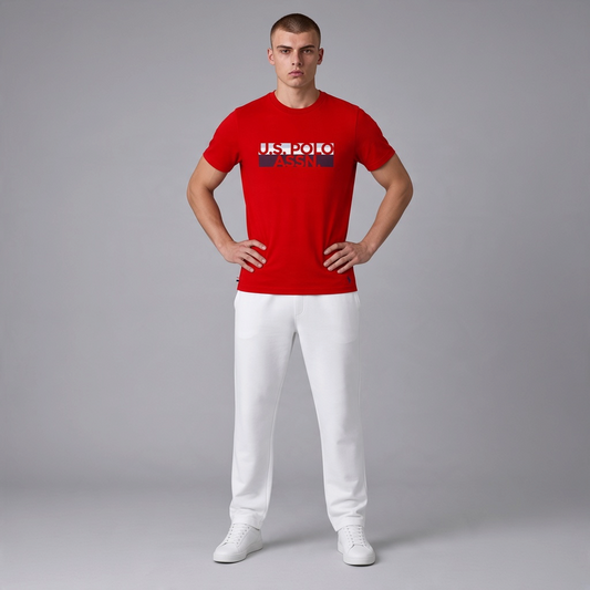 Camiseta roja de algodón U.S. Polo Assn. con logo estampado y cuello redondo para hombre, vendida por www.treshop.com.co