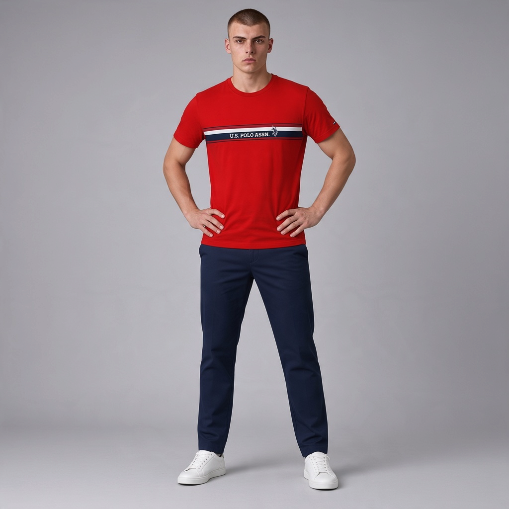 Camiseta roja de algodón U.S. POLO ASSN. con franja horizontal y logo, lucida por un modelo con pantalones azul marino.