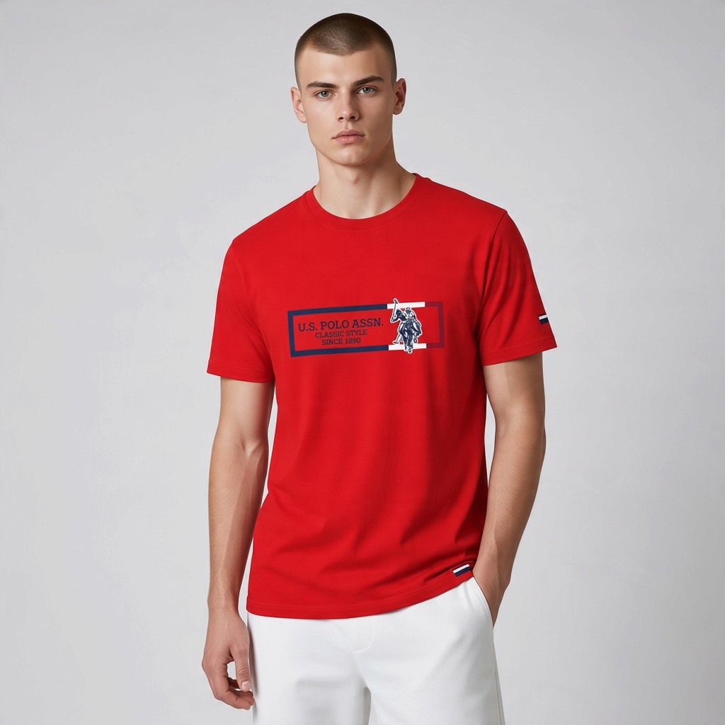 Camiseta roja de algodón para hombre de www.treshop.com.co con logo estampado y cuello redondo