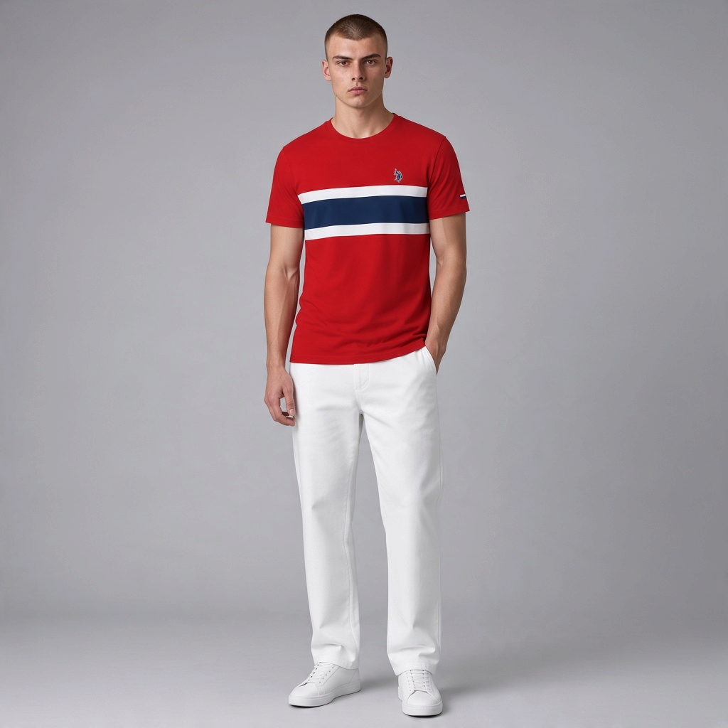 Hombre vistiendo camiseta roja de algodón www.treshop.com.co con franjas azul y blanca y logo bordado en el pecho