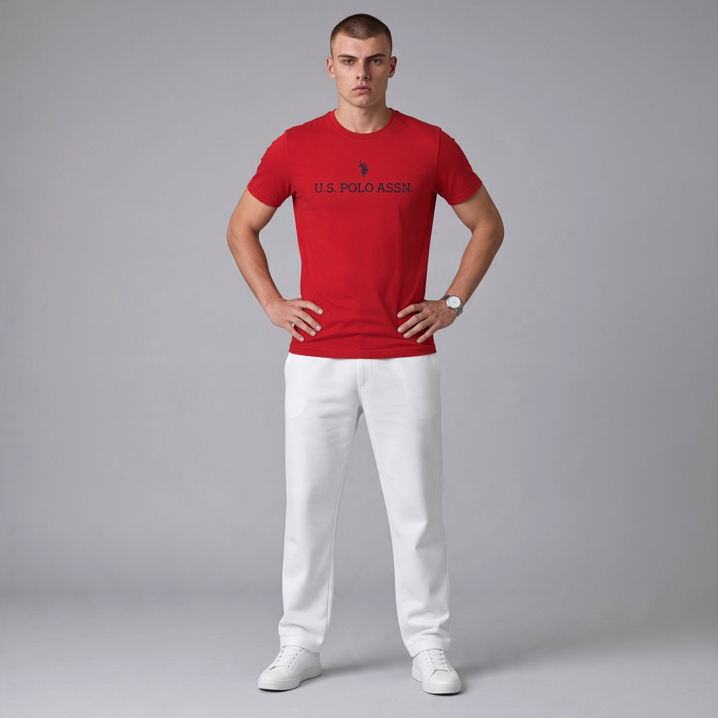 Hombre vistiendo camiseta roja de manga corta www.treshop.com.co con logotipo bordado y pantalones blancos
