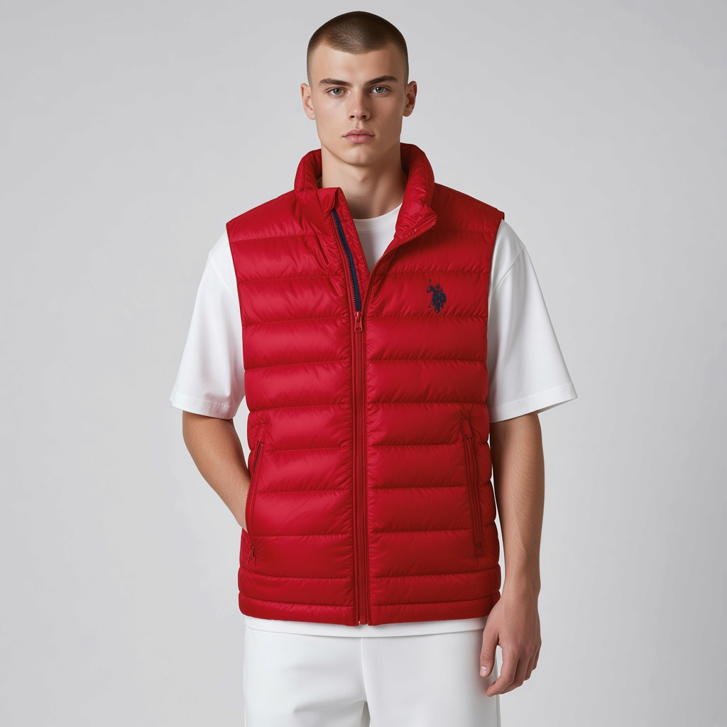 Hombre vistiendo chaleco acolchado rojo U.S. Polo Assn. de www.treshop.com.co con cremallera y logo bordado