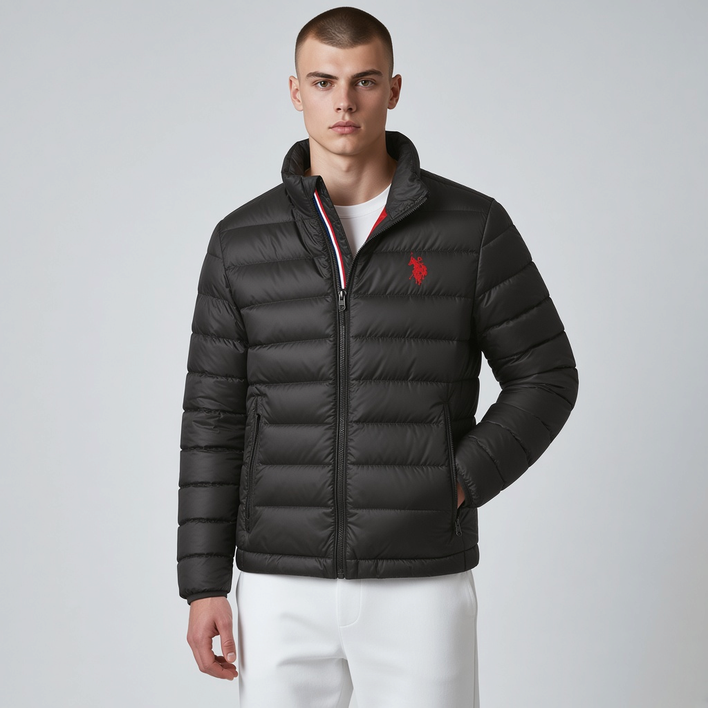 Chaqueta acolchada negra para hombre de www.treshop.com.co con logo rojo bordado y cuello alzado