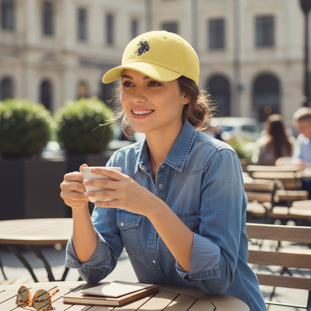 Mujer sonriente en una terraza usando gorra deportiva amarilla de algodón www.treshop.com.co con bordado frontal