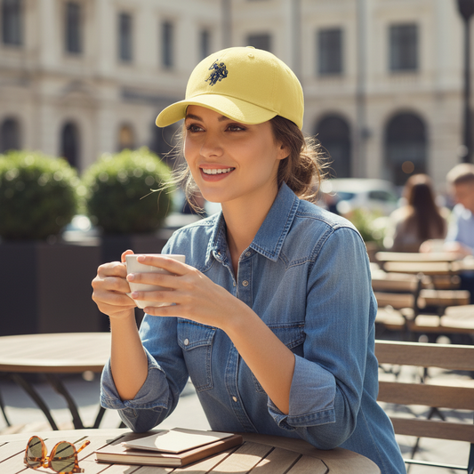 Mujer sonriente en una terraza usando gorra deportiva amarilla de algodón www.treshop.com.co con bordado frontal