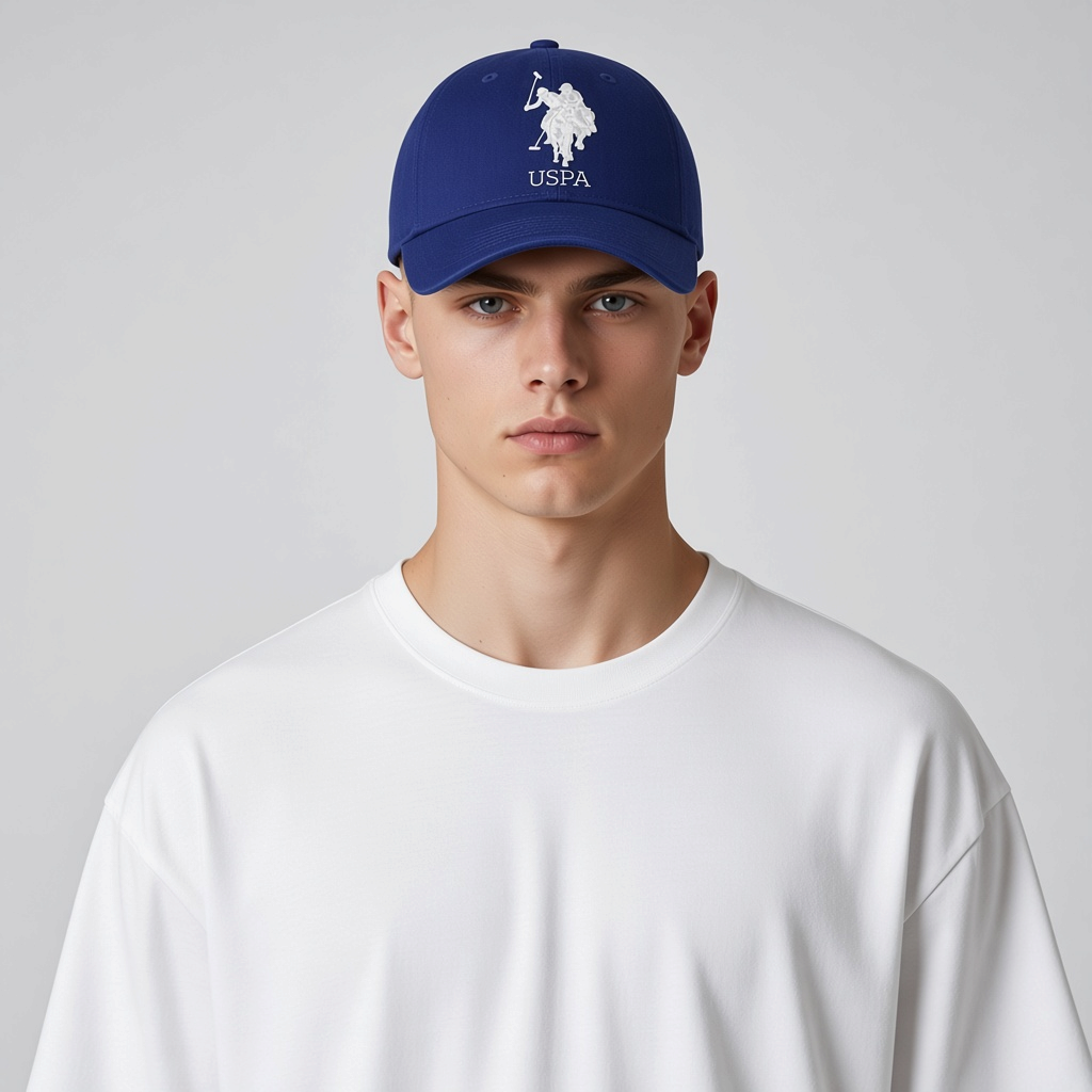 Gorra deportiva azul www.treshop.com.co con logotipo USPA bordado en blanco, usada por un modelo con camiseta blanca
