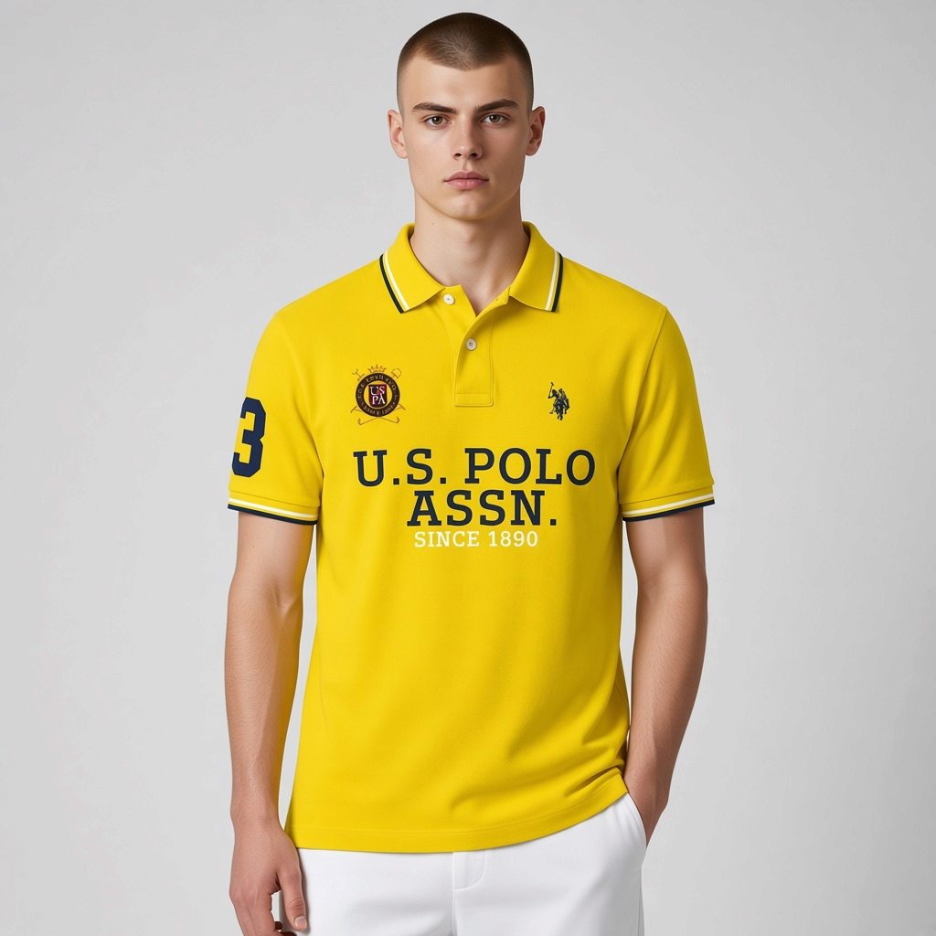 Camiseta polo amarilla de algodón para hombre de www.treshop.com.co con logotipo bordado y número 3 en la manga
