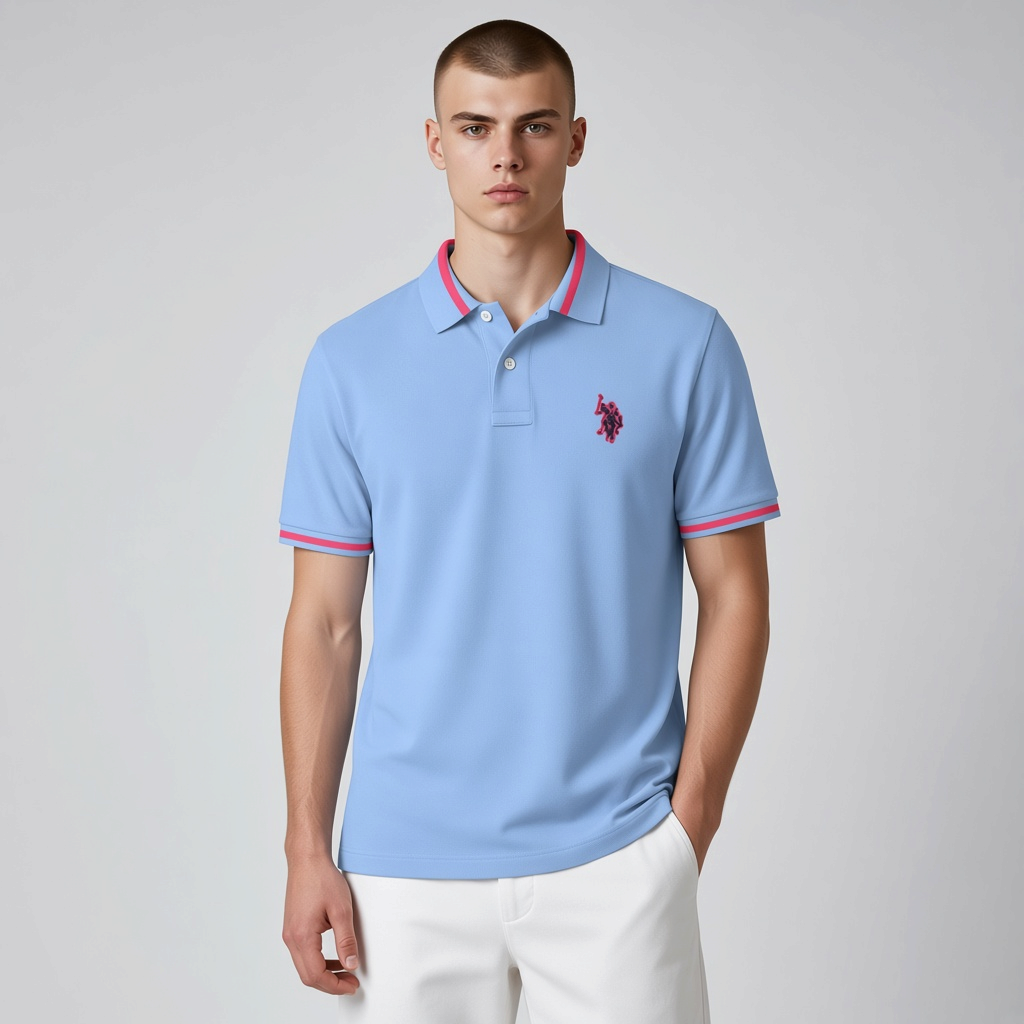 Polo www.treshop.com.co azul claro de algodón para hombre con detalles en rosa en cuello y mangas y logo bordado