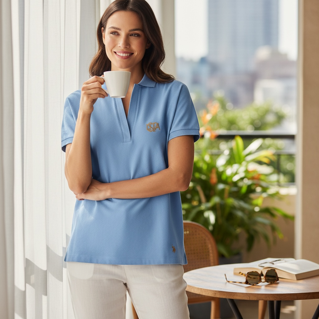 Mujer sonriente vistiendo polo azul claro de www.treshop.com.co con cuello en V y logo bordado dorado