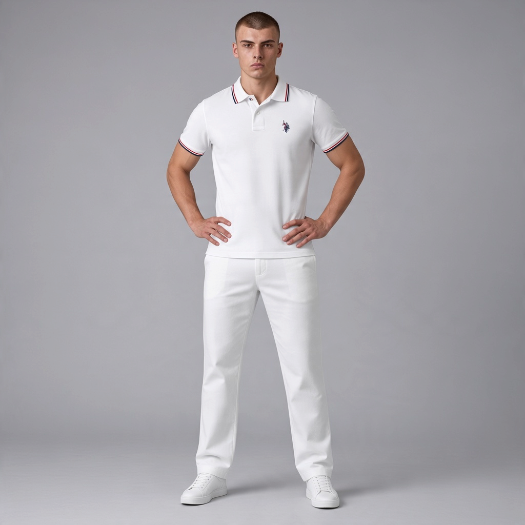 Hombre vistiendo polo blanco www.treshop.com.co con ribetes tricolor en cuello y mangas, estilo casual y elegante.