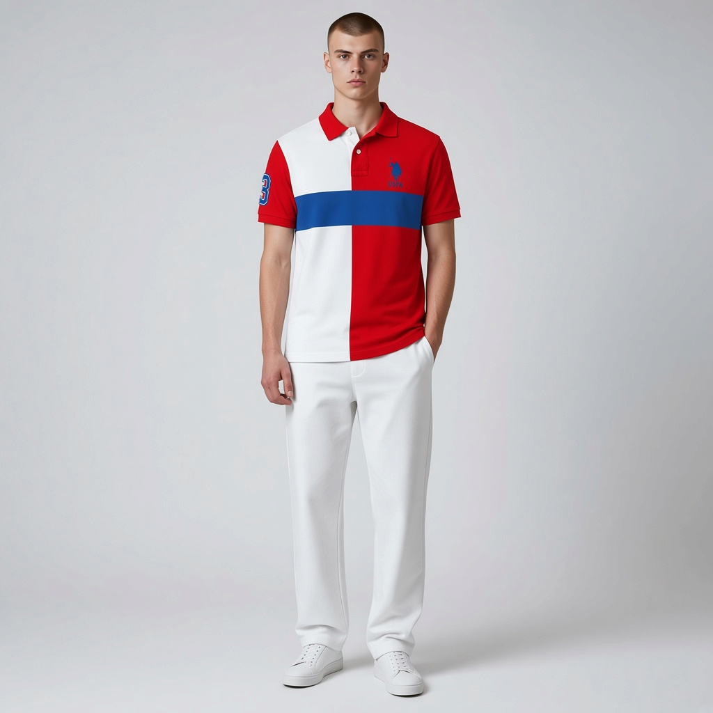 Hombre vistiendo polo www.treshop.com.co bicolor rojo y blanco con franja azul, logo bordado y detalle en manga