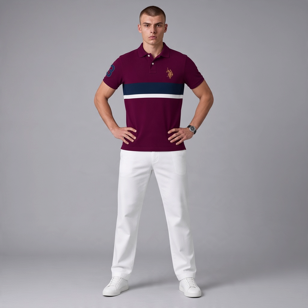 Modelo vistiendo polo burdeos www.treshop.com.co con franjas azul y blanco, logo bordado y número en la manga