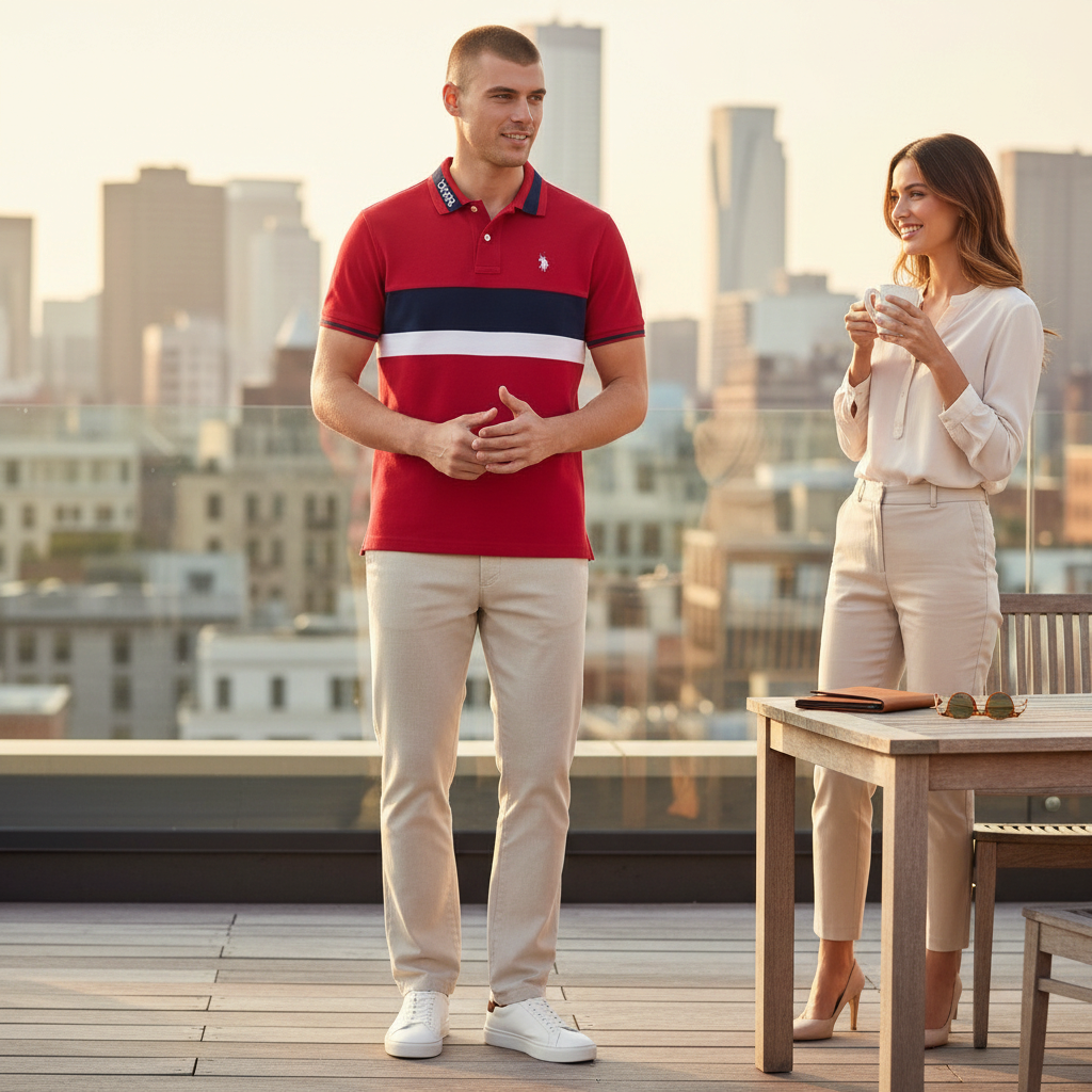 Hombre vistiendo polo rojo con franjas de www.treshop.com.co junto a mujer en terraza urbana al atardecer