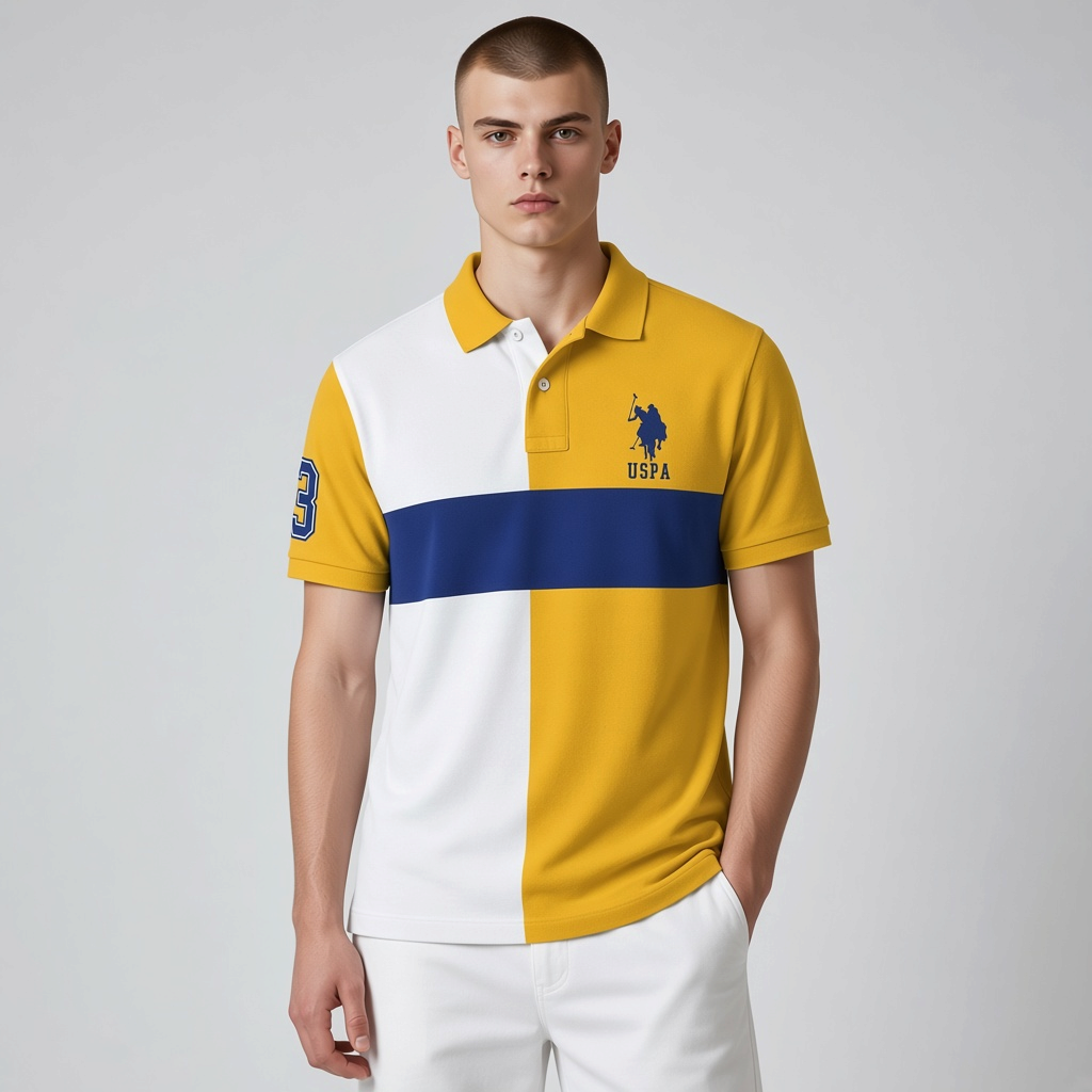 Hombre vistiendo polo www.treshop.com.co de manga corta con bloques de color amarillo, blanco y azul marino. Marca U.S. Polo Assn.