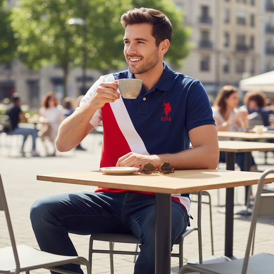 Hombre en www.treshop.com.co vistiendo polo U.S. POLO ASSN. tricolor con bloques diagonales y logo bordado en terraza