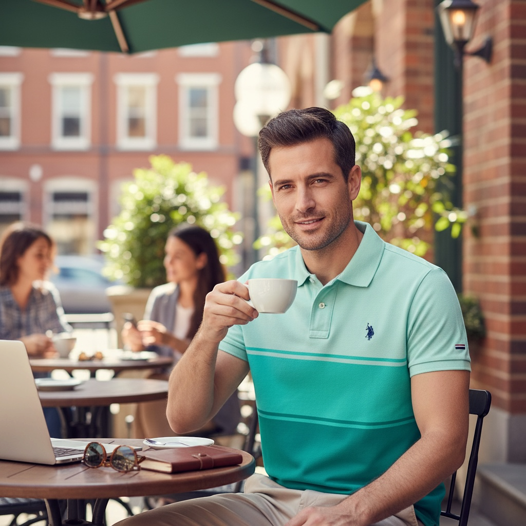 Hombre con polo U.S. POLO ASSN. verde degradado, sentado en una terraza con café y portátil, estilo casual elegante.