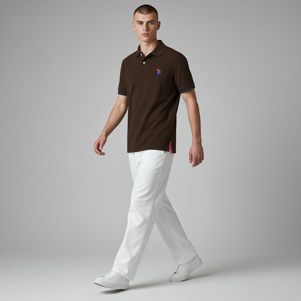 Hombre vistiendo polo marron oscuro www.treshop.com.co con logo bordado degradado, pantalones blancos y tenis