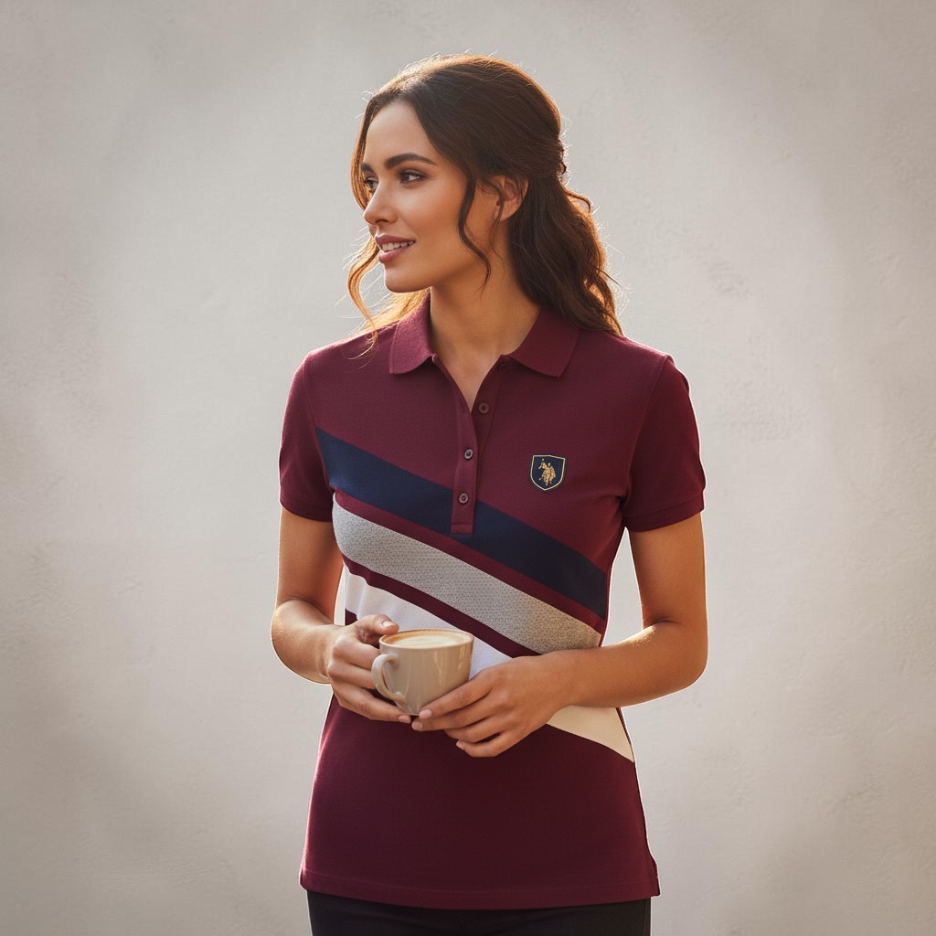 Mujer vistiendo polo burdeos con franjas diagonales y logo bordado de www.treshop.com.co, estilo casual y elegante.