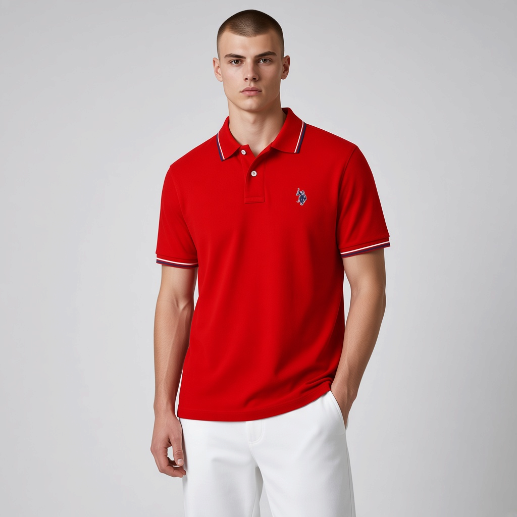 Modelo vistiendo polo rojo de algodón U.S. POLO ASSN. de www.treshop.com.co con detalles en cuello y mangas