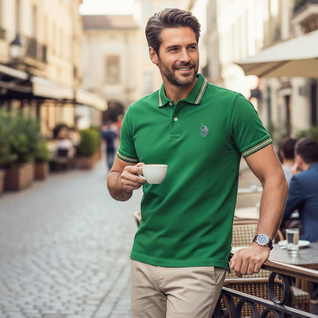 Hombre con polo verde www.treshop.com.co con detalles a rayas en cuello y mangas, logotipo bordado y pantalones beige.