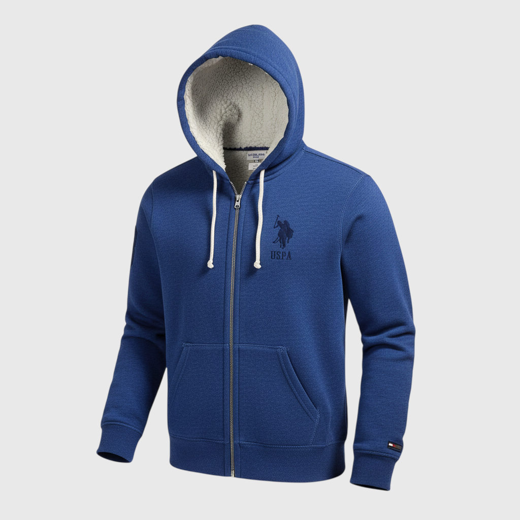 Sudadera azul con cremallera y forro de sherpa crema de www.treshop.com.co con capucha y logo bordado en el pecho