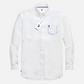 Camisa de hombre www.treshop.com.co blanca de manga larga en algodón poplin con bolsillo y logo bordado