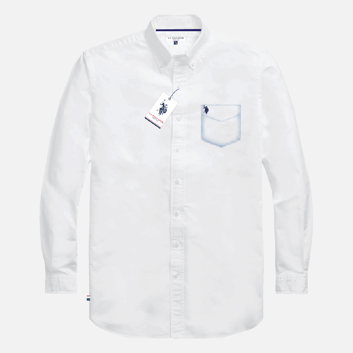 Camisa de hombre www.treshop.com.co blanca de manga larga en algodón poplin con bolsillo y logo bordado