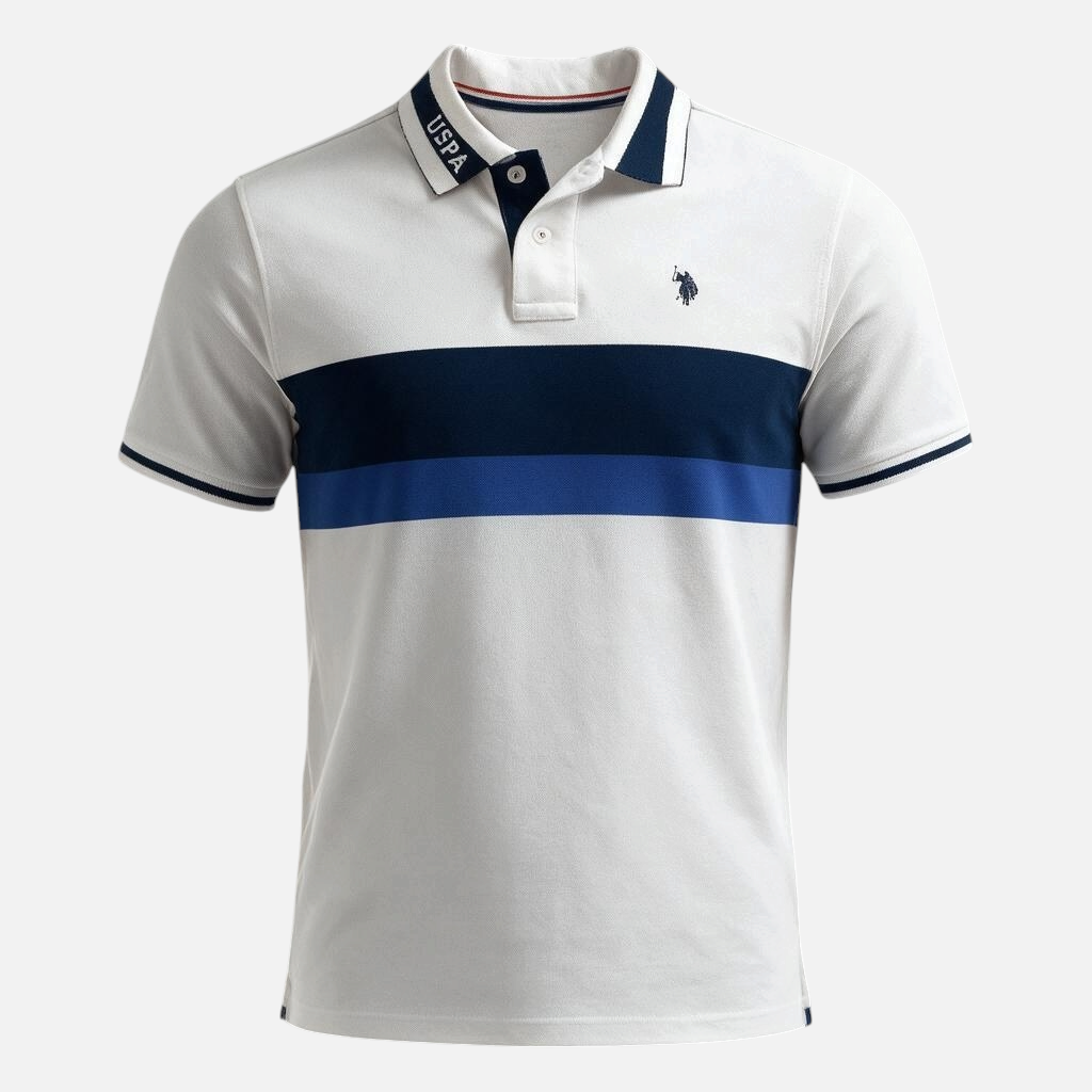 Polo www.treshop.com.co de algodón piqué blanco con franjas azul marino y azul rey y logo bordado en el pecho. Marca U.S. Polo Assn.