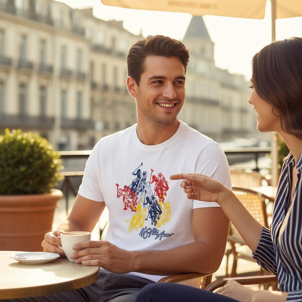 Hombre con camiseta blanca de algodón U.S. Polo Assn. con estampado gráfico colorido en una terraza de www.treshop.com.co