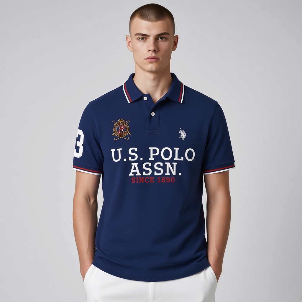 Hombre vistiendo polo azul marino de www.treshop.com.co con logo bordado, cuello en contraste y estampado frontal
