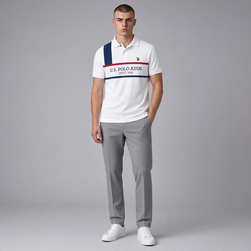 Hombre vistiendo polo blanco U.S. POLO ASSN. con estampado gráfico y logo bordado en www.treshop.com.co