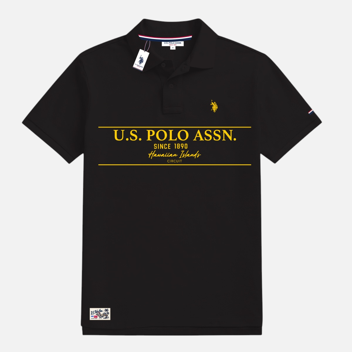 Polo negro de algodón U.S. POLO ASSN. para hombre con estampado gráfico amarillo estilo hawaiano y logo bordado