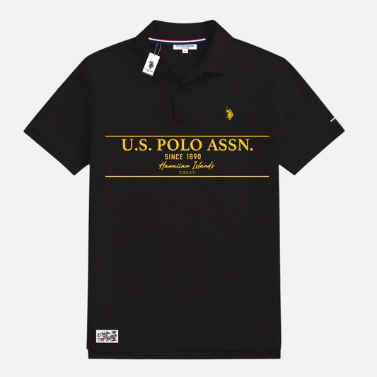 Polo negro de algodón U.S. POLO ASSN. para hombre con estampado gráfico amarillo estilo hawaiano y logo bordado