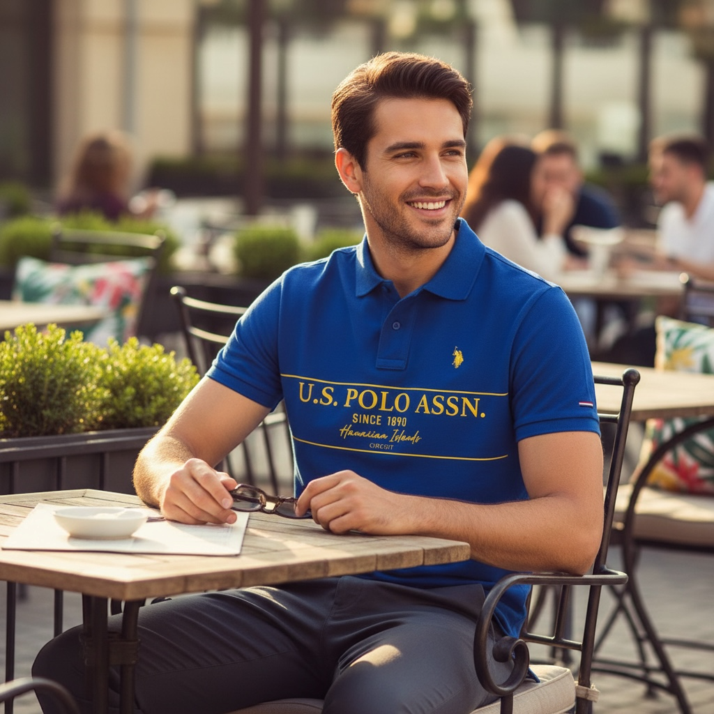 Hombre sonriente vistiendo polo azul real U.S. Polo Assn. con estampado amarillo en una terraza de cafetería