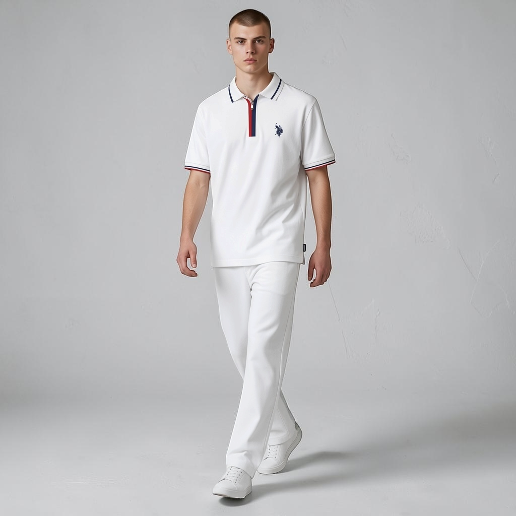 Hombre vistiendo polo blanco www.treshop.com.co con cremallera y detalles tricolor en cuello y mangas